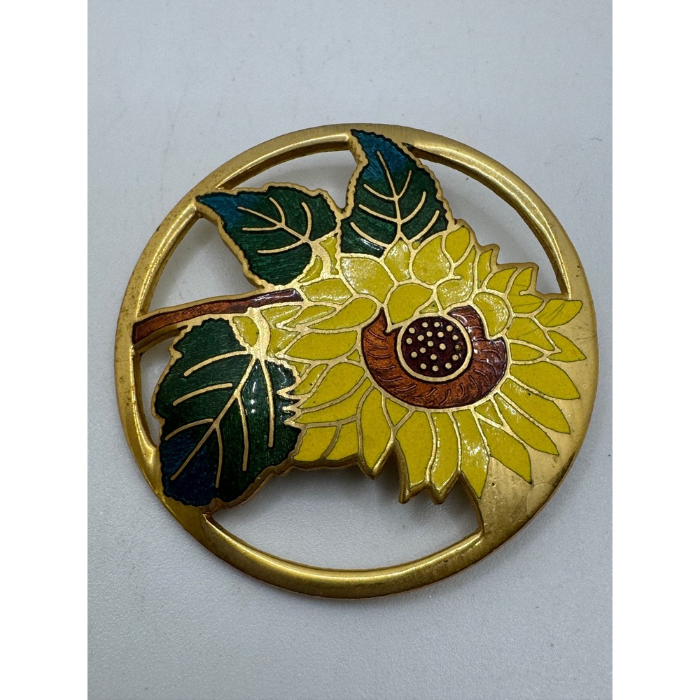 Vintage Sunflower Enamel Round Brooch Gold Tone Floral Pin Yellow Flower